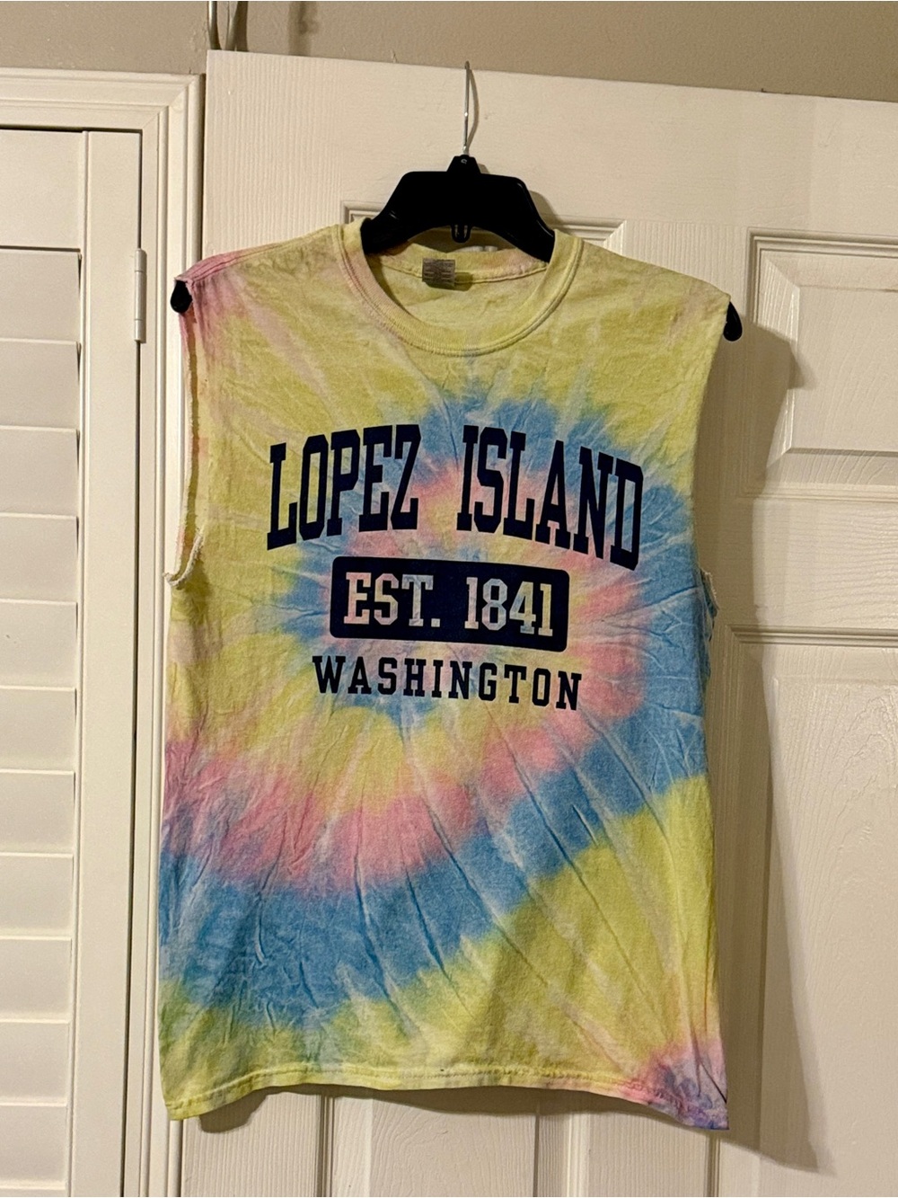 Lopez Island Tie-Dye tee with sleeves cut off- Yellow Blue Pink